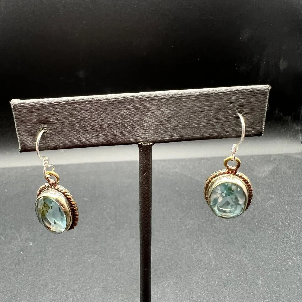 Womens Dangle Earrings Blue‎ Faceted Glass Mixed Metal Vintage Boho Artisanal
